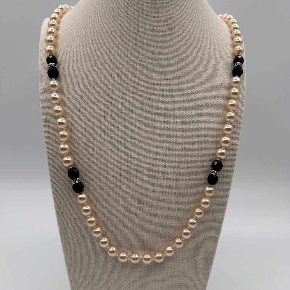 Vintage Faux Pearl Necklace Cream Black Beads Rhinestone Filigree Clasp 16"